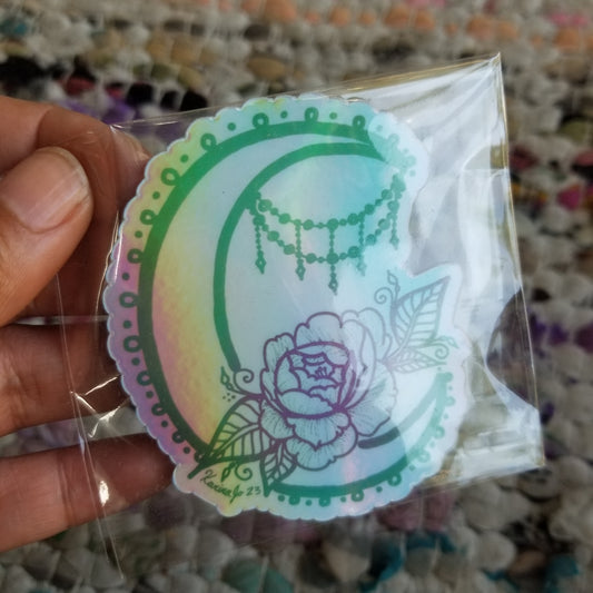 Crescent Peony Holographic Waterproof Sticker