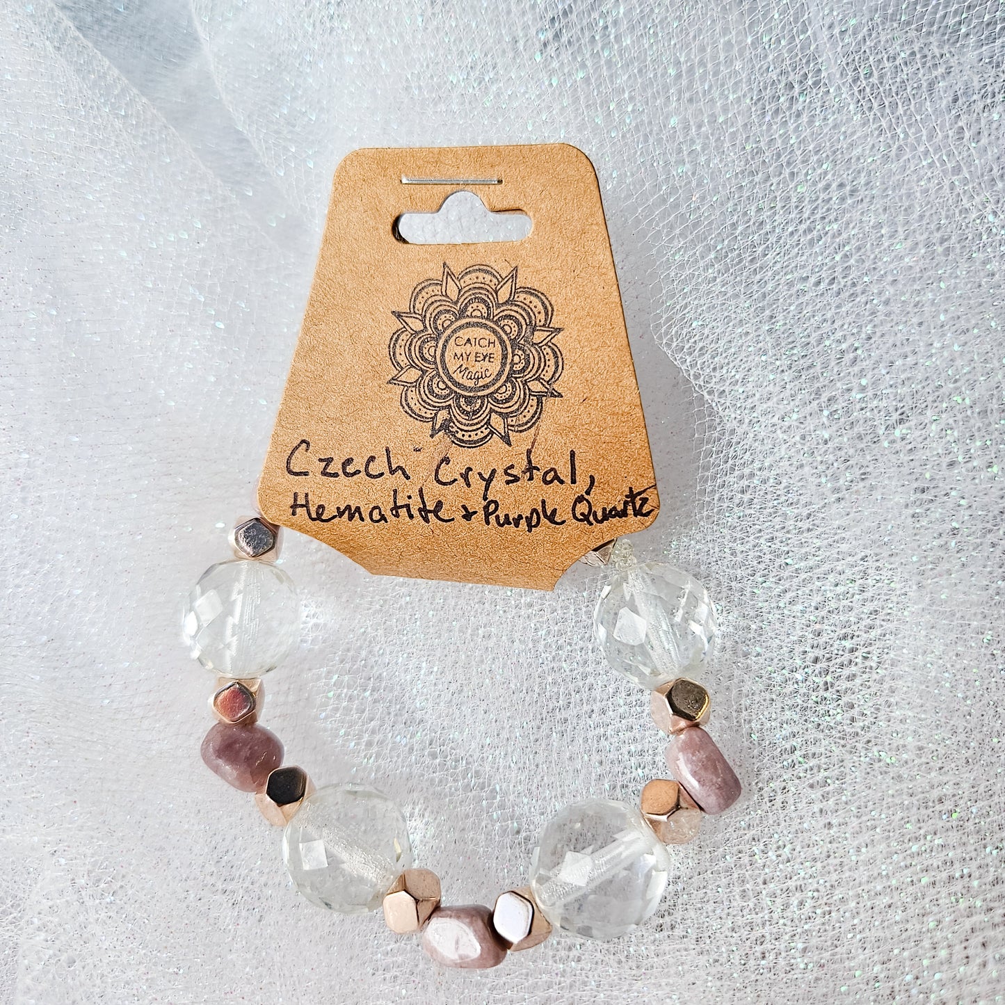 Czech Crystal, Rose Gold Hematite & Purple Dye Quartz Crystal Bracelet