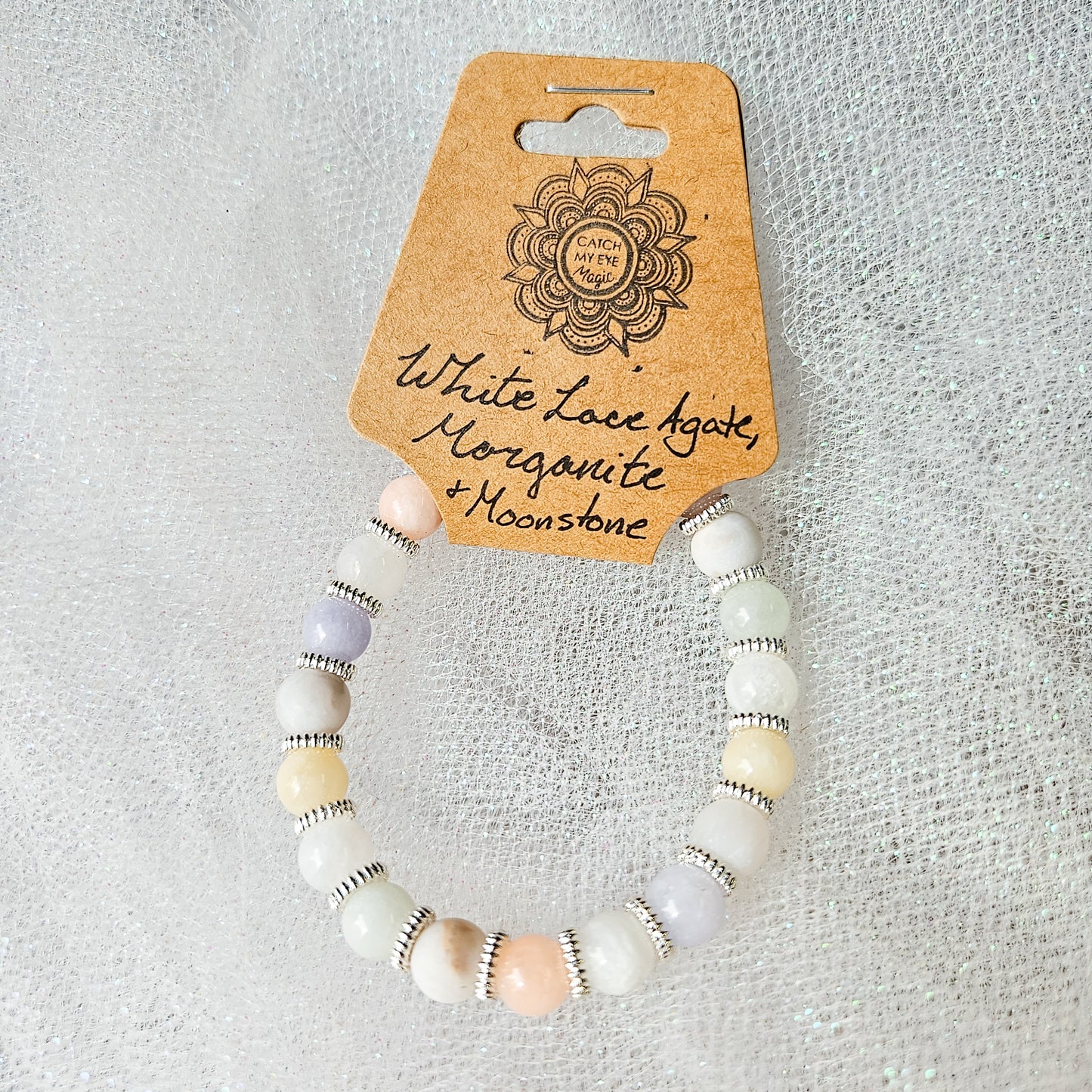 White Lace Agate, Morganite & Moonstone Crystal Bracelet