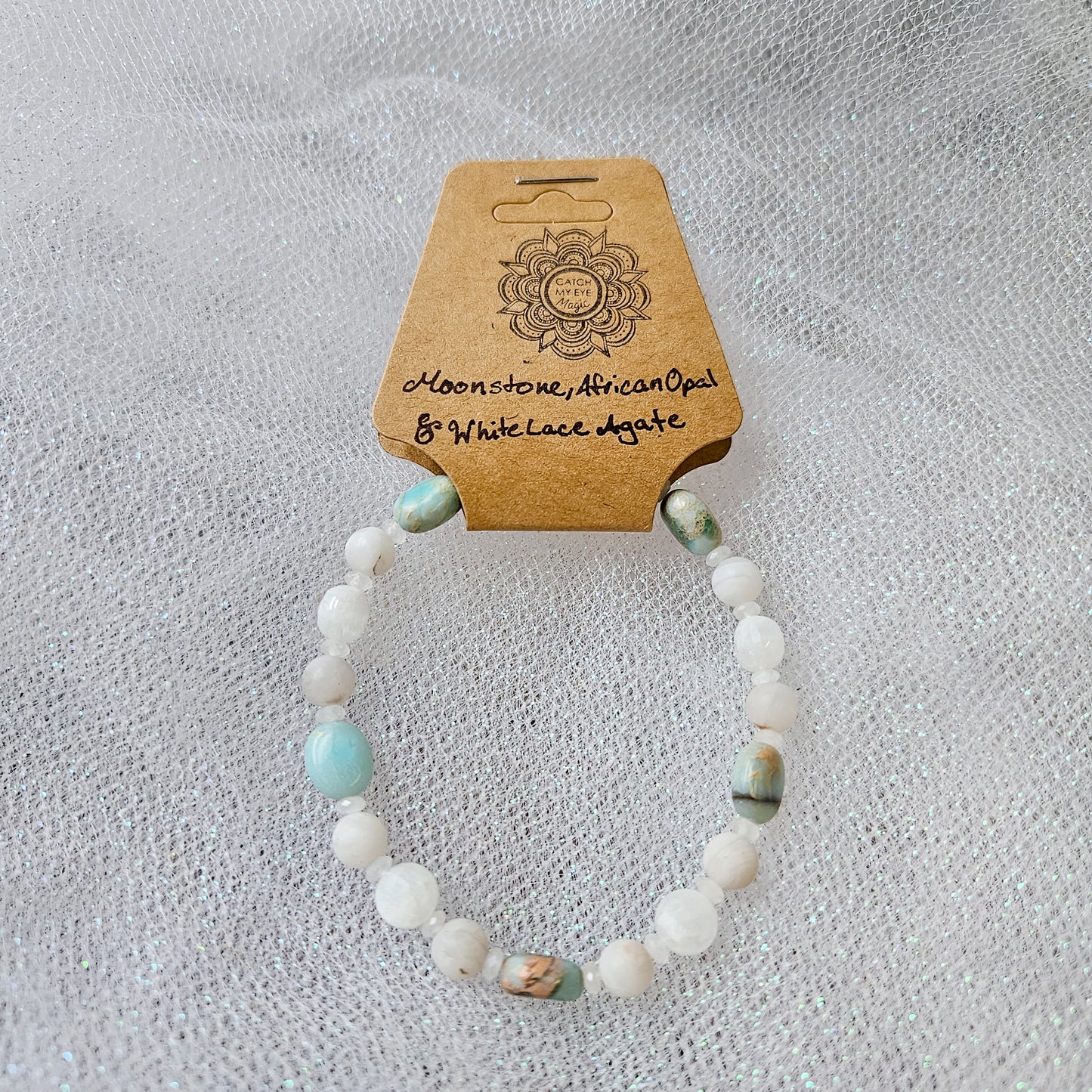 Moonstone, African Opal & White Lace Agate Crystal Bracelet