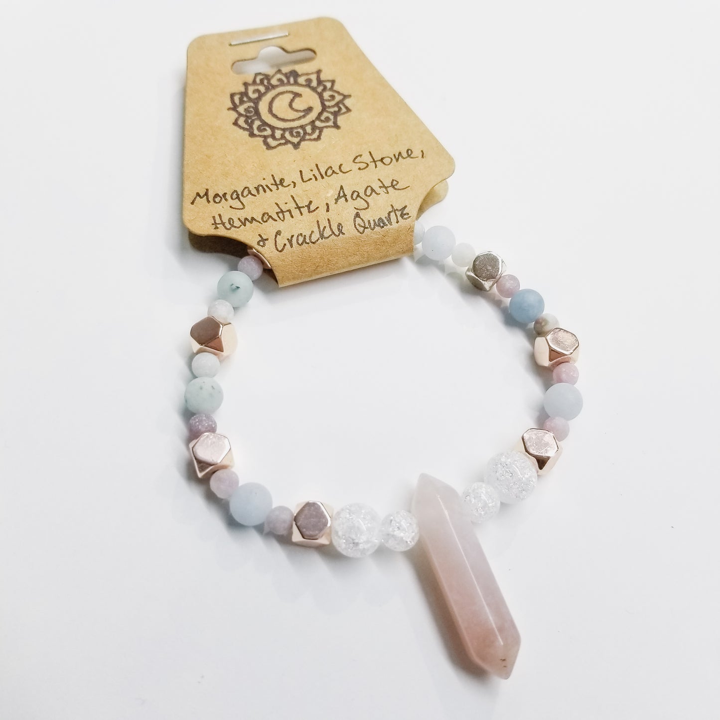 Morganite, Lilac Stone, Hematite, Crackle Quartz & Agate Crystal Bracelet