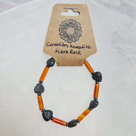 Carnelian, Hematite & Lava Rock Crystal Bracelet