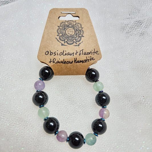 Obsidian, Fluorite & Rainbow Hematite Crystal Bracelet
