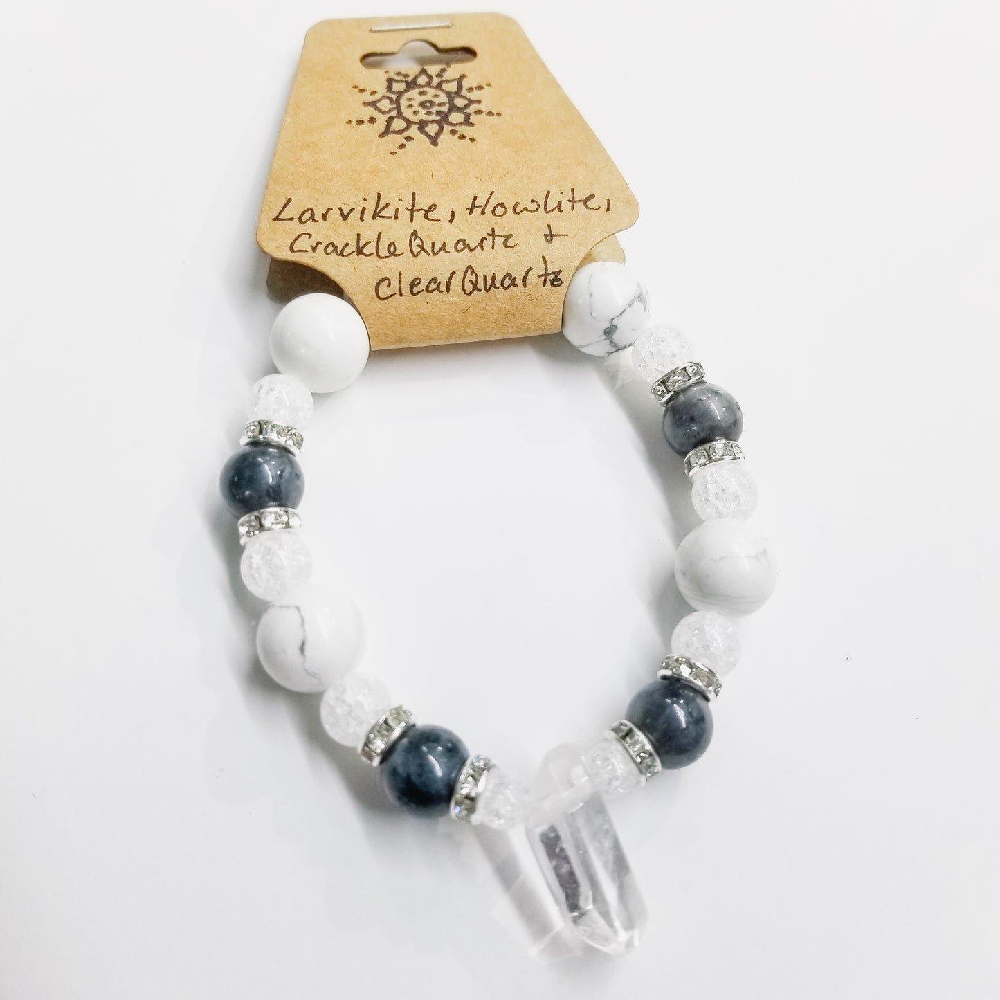 Larvikite, Howlite, Crackle Quartz & Clear Quartz Crystal Bracelet