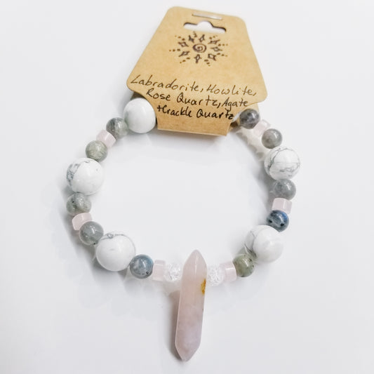 Labradorite, Howlite, Rose Quartz, Crackle Quartz & Agate Crystal Bracelet