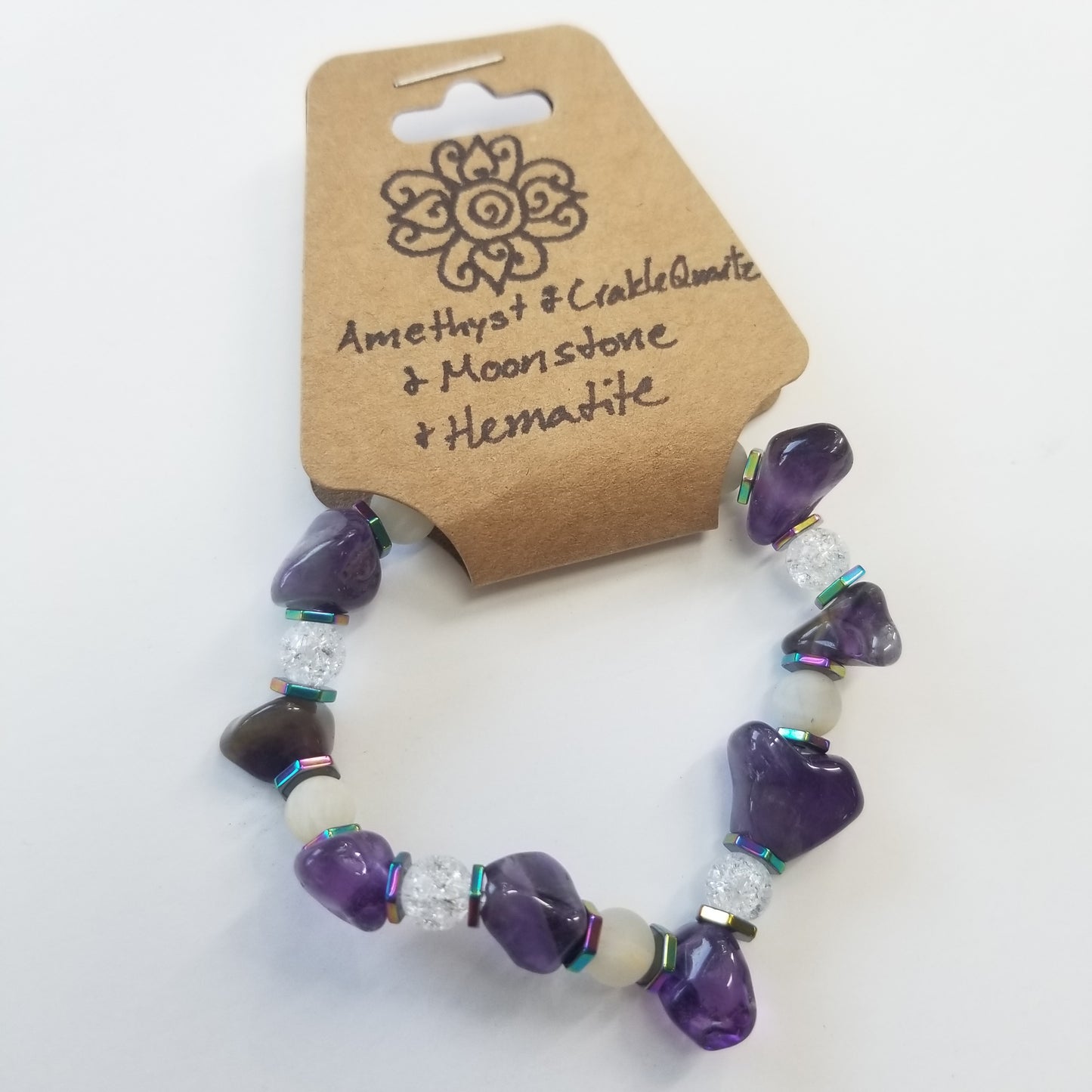Amethyst, Crackle Quartz, Moonstone & Rainbow Hematite Crystal Bracelet