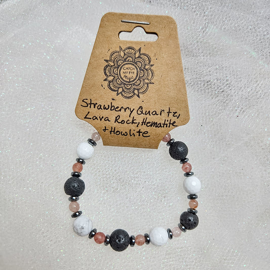 Strawberry Quartz, Lava Rock, Hematite & Howlite Crystal Bracelet