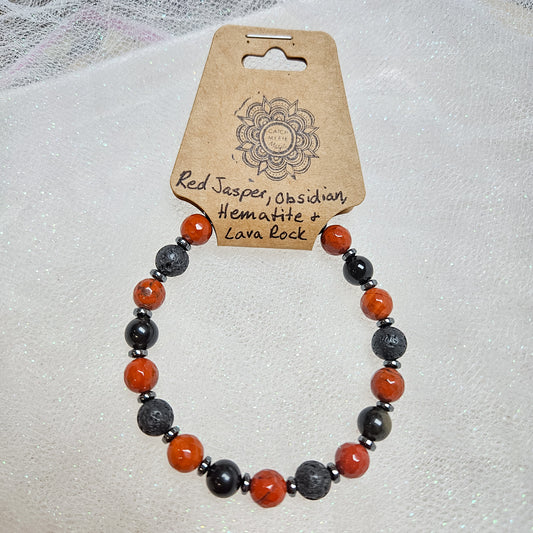 Red Jasper, Obsidian, Hematite & Lava Rock Crystal Bracelet