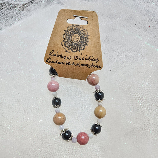 Rainbow Obsidian, Rhodonite & Moonstone Crystal Bracelet