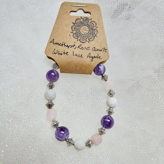 Amethyst, Rose Quartz & White Lace Agate Crystal Bracelet