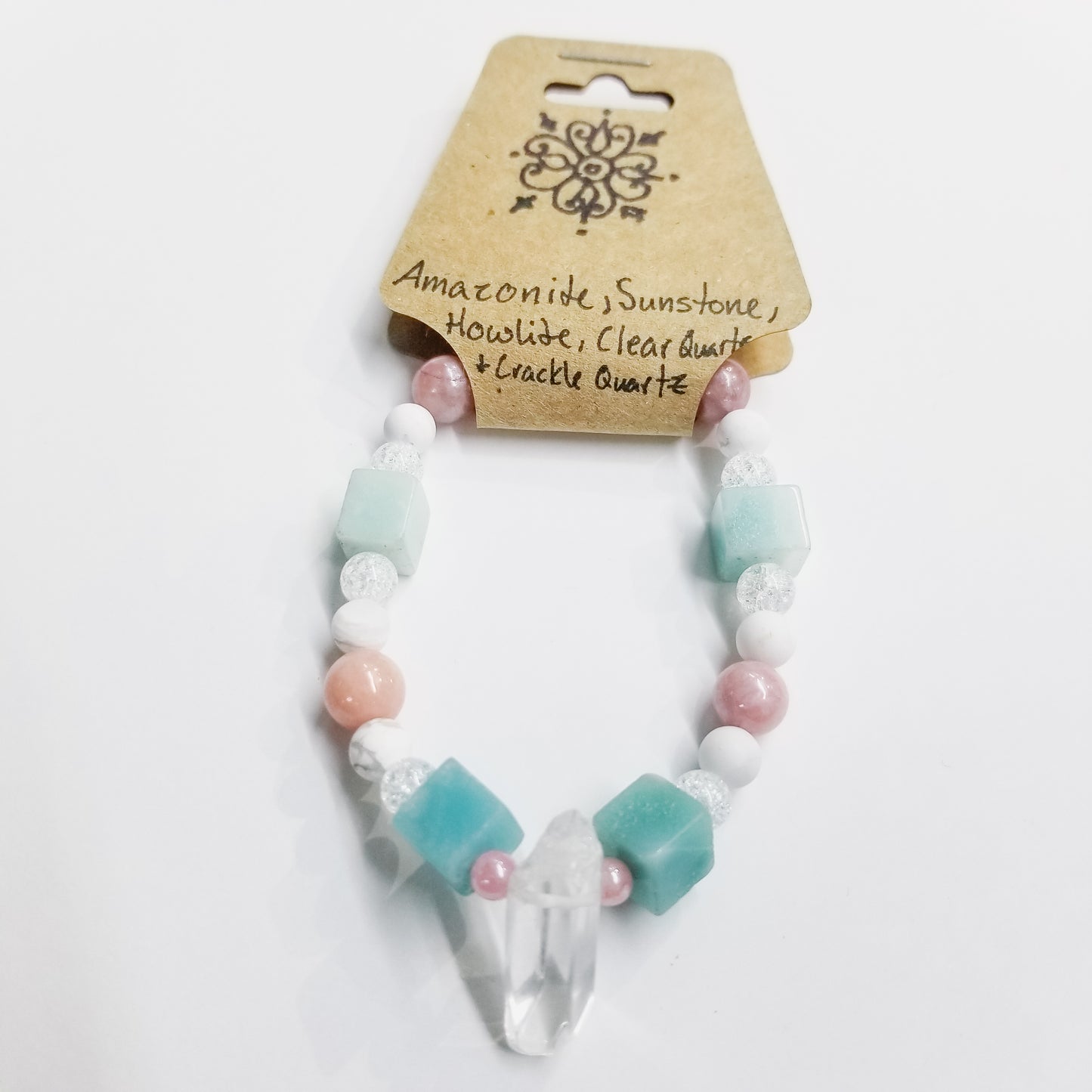 Amazonite, Sunstone, Howlite, Clear Quartz & Crackle Quartz Crystal Bracelet