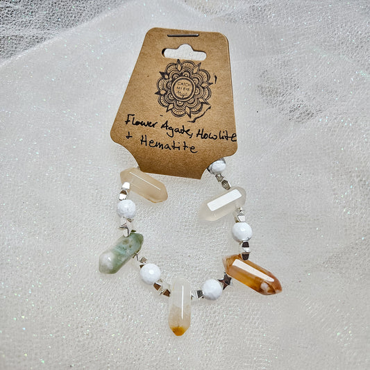 Flower Agate, Hematite & Howlite Crystal Bracelet
