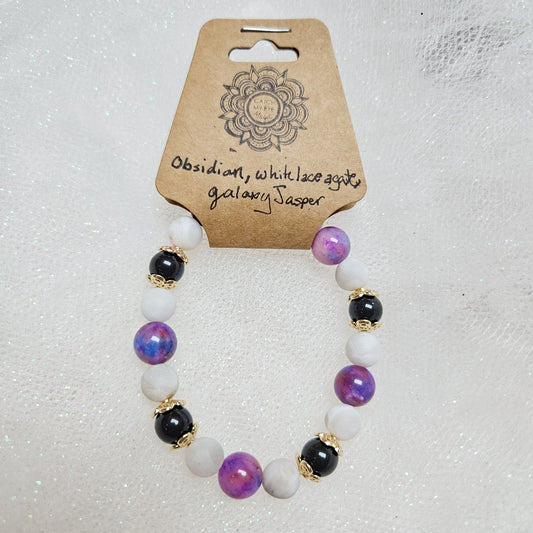 Rainbow Obsidian, White Lace Agate & Galaxy Jade Crystal Bracelet