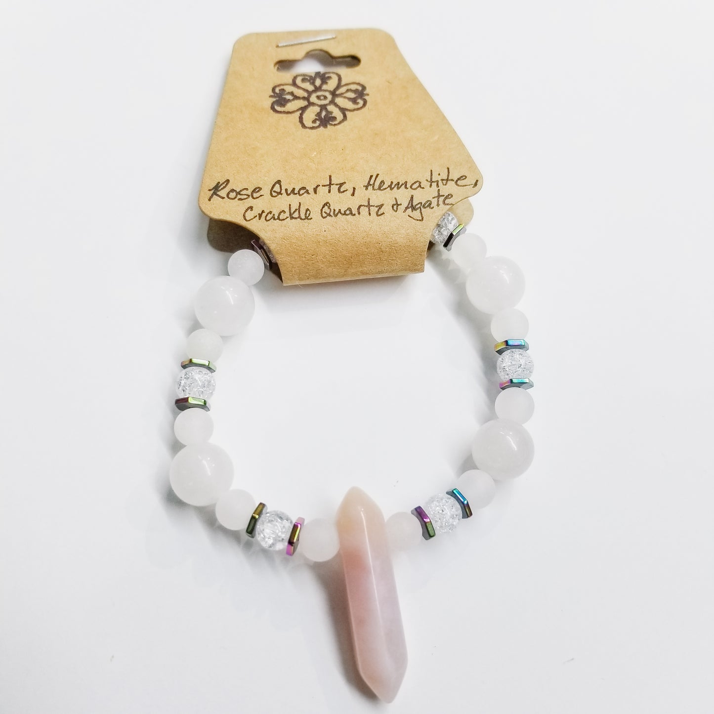 Rose Quartz, Crackle Quartz, Hematite & Agate Crystal Bracelet