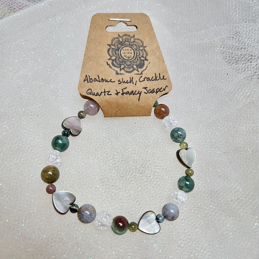Abalone Shell, Crackle Quartz & Fancy Jasper Crystal Bracelet