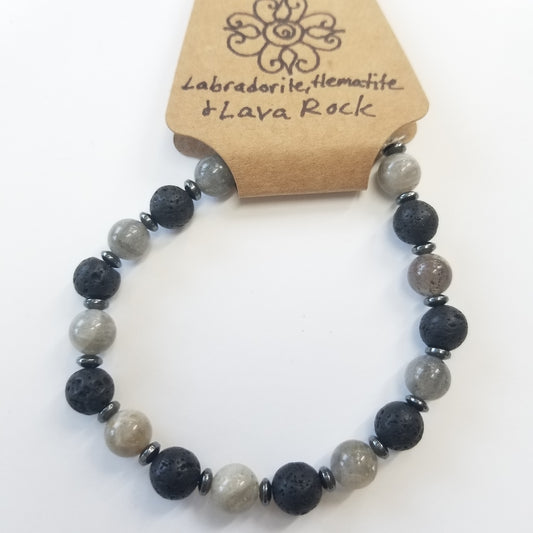 Labradorite, Hematite & Lava Rock Crystal Bracelet