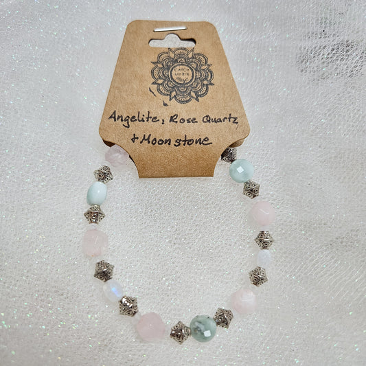 Angelite, Rose Quartz & Moonstone Crystal Bracelet