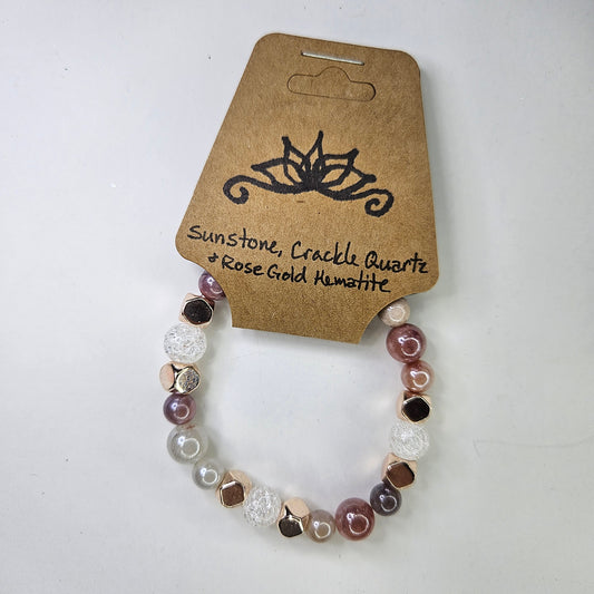 Sunstone, Crackle Quartz & Rose Gold Hematite Crystal Bracelet