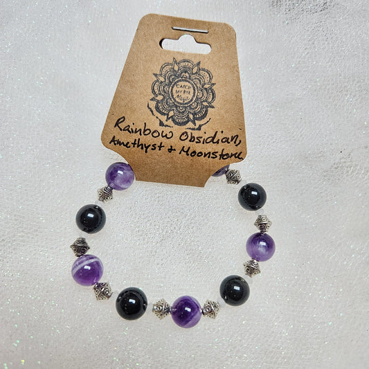 Rainbow Obsidian, Amethyst & Moonstone Crystal Bracelet