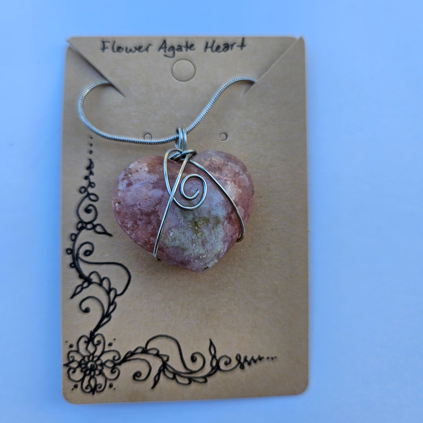 Flower Agate Heart Handwrapped Necklace