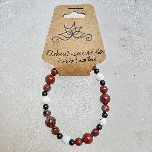 Rainbow Jasper, Obsidian & White Lava Rock Crystal Bracelet