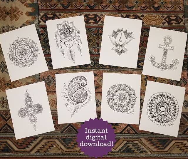 COLORING BOOK Mandala & Henna Inspired 20 Printable Pages Freehand Drawn | Poster | Instant Digital Download