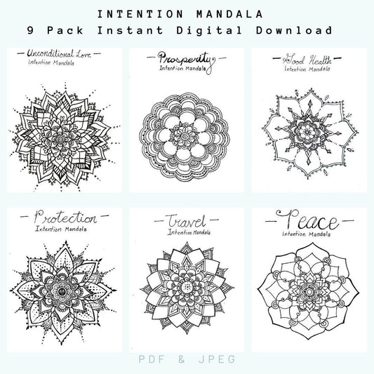 Intention Mandala Printable Poster Pack | 9 Freehand Drawings |Prosperity|Health| PDF Instant Digital Download | Home and Office Wall Art