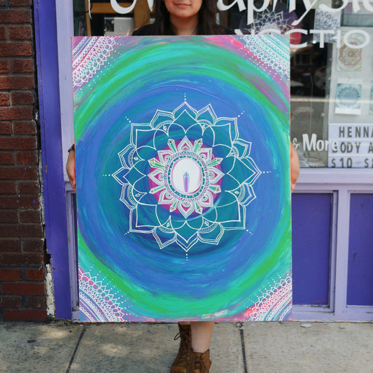 Neon Crystal Mandala Original Acrylic Painting 24x36” | Henna Inspired Reiki Blessed Artwork | Intuition, Expression, Communication Healing