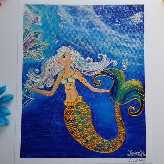 Crystal Mermaid Poster Print l 11×13.5 art 12×14 w border |Acrylic Painting Art Print l Dorm Decor l Art Print l  Ocean Blue l Moon & Sea