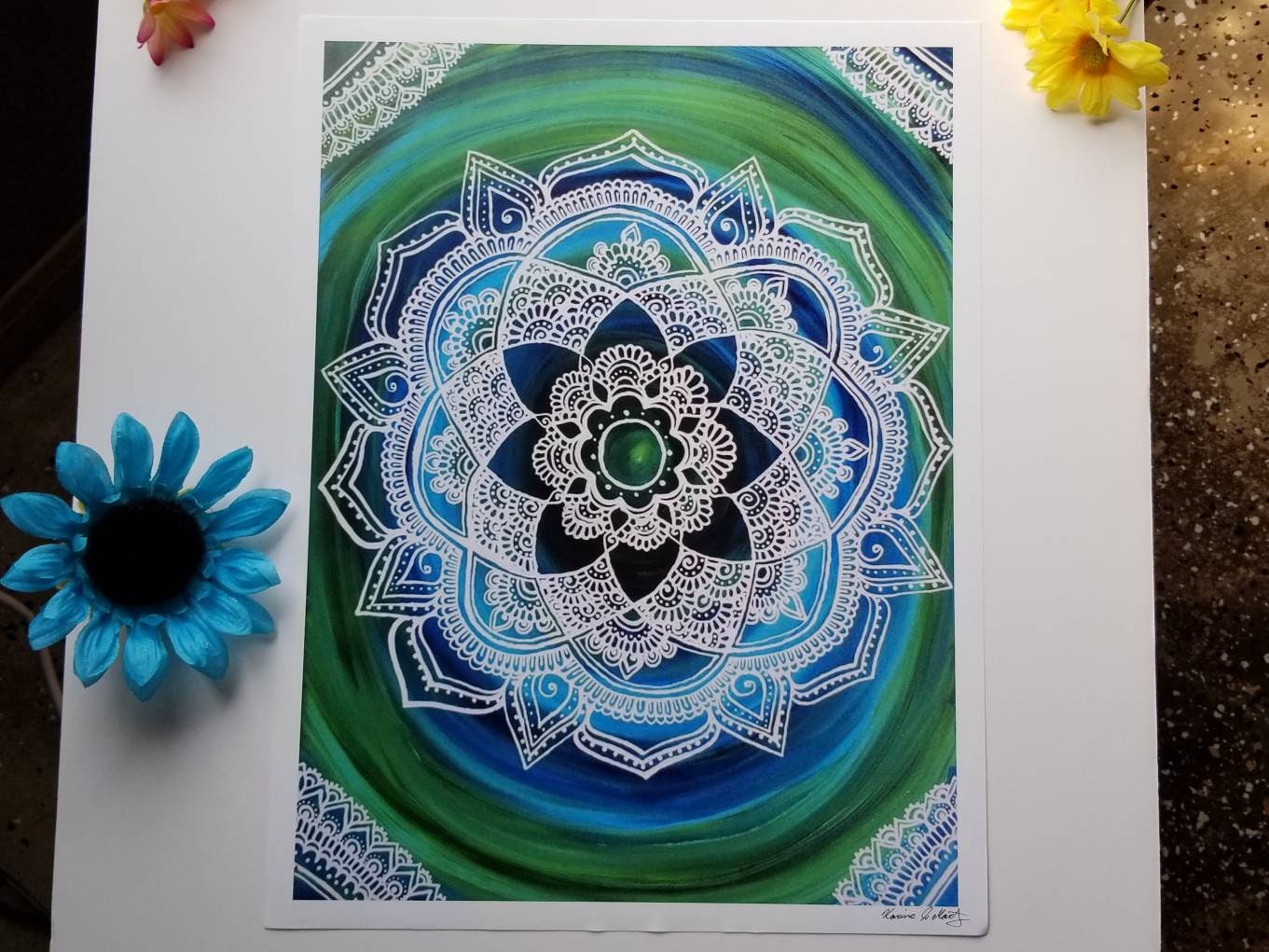 Sea Lace Manadala Art Print 12×16" art 13×17" w border |  Free Handed Green, Blue, Lace Mandala Poster Print l Art Print l Painted Artwork