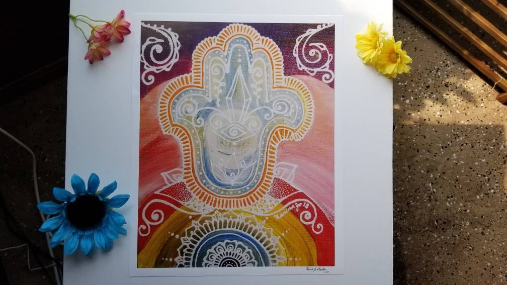 Wanderlust Hamsa Art Print 12×15" art 13×16" w border |  Freehand Hamsa Poster Print l Art Print l Acrylic Painted Artwork
