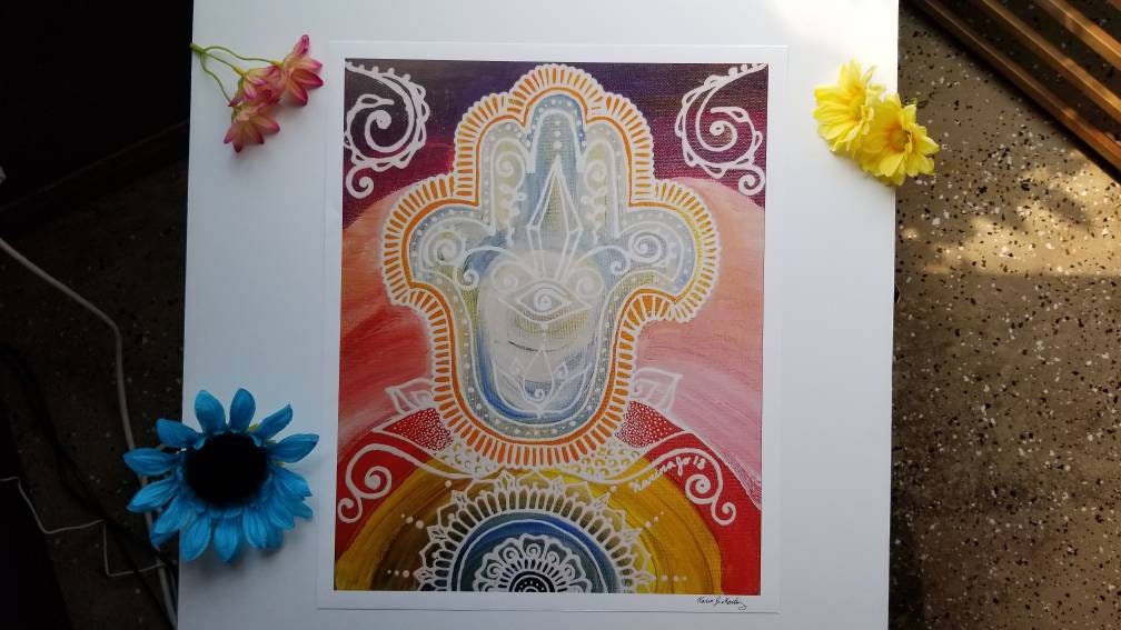 Wanderlust Hamsa Art Print 12×15" art 13×16" w border |  Freehand Hamsa Poster Print l Art Print l Acrylic Painted Artwork