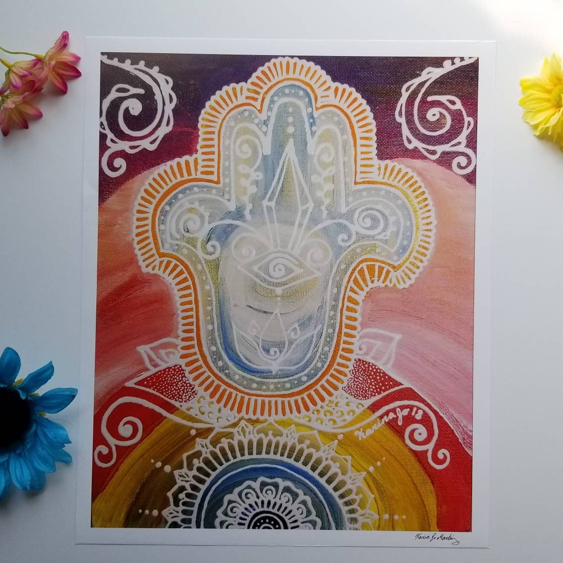 Wanderlust Hamsa Art Print 12×15" art 13×16" w border |  Freehand Hamsa Poster Print l Art Print l Acrylic Painted Artwork