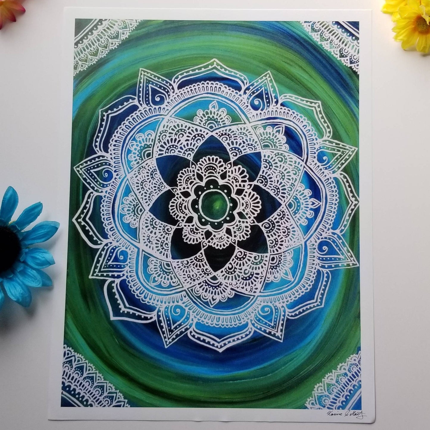 Sea Lace Manadala Art Print 12×16" art 13×17" w border |  Free Handed Green, Blue, Lace Mandala Poster Print l Art Print l Painted Artwork