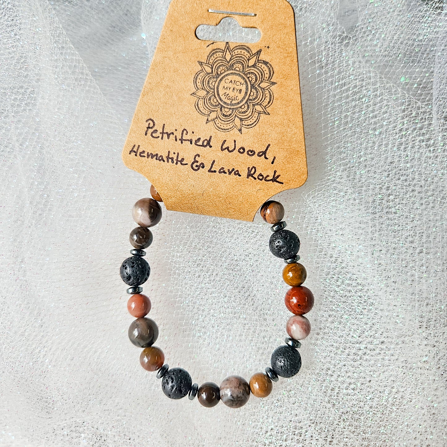 Petrified Wood, Hematite & Lava Rock Crystal Bracelet