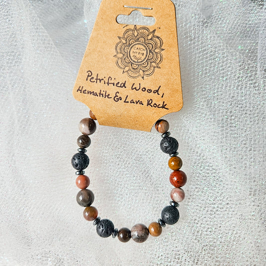 Petrified Wood, Hematite & Lava Rock Crystal Bracelet