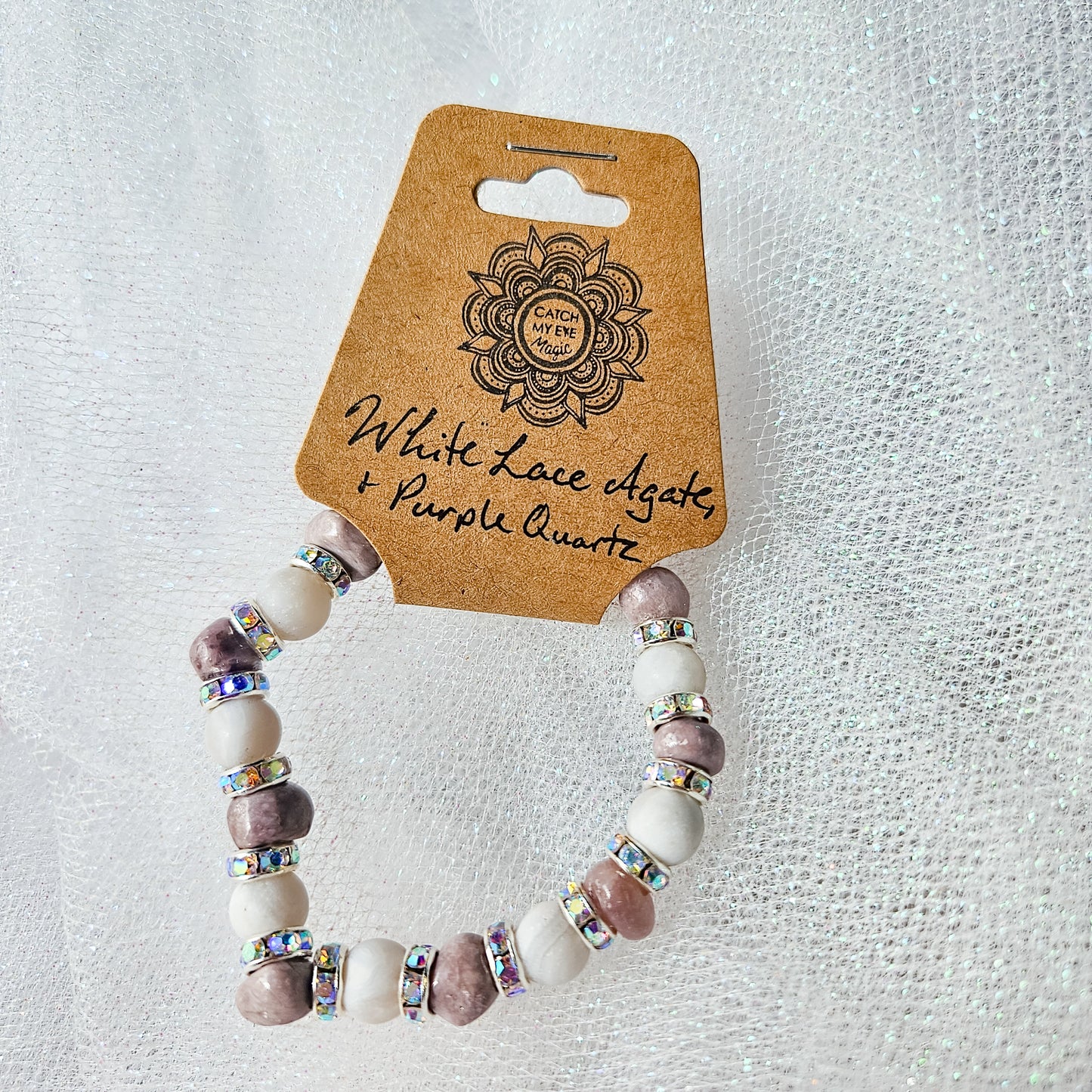 White Lace Agate & Purple Dye Quartz Crystal Bracelet
