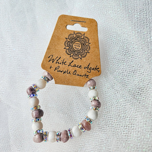 White Lace Agate & Purple Dye Quartz Crystal Bracelet