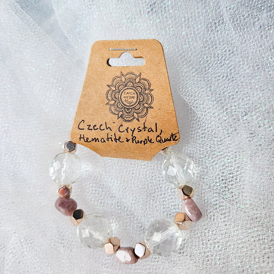 Czech Crystal, Rose Gold Hematite & Purple Dye Quartz Crystal Bracelet