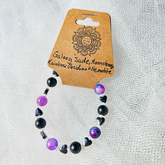 Galaxy Jade, Moonstone, Rainbow Obsidian & Hematite Crystal Bracelet