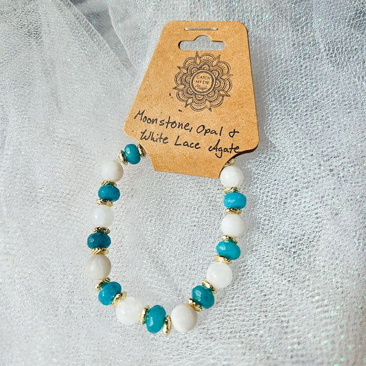 Moonstone, Opal & White Lace Agate Crystal Bracelet