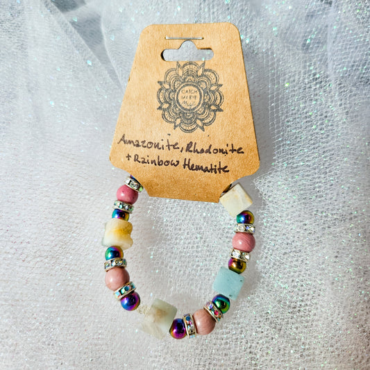 Amazonite, Rhodonite & Rainbow Hematite Crystal Bracelet