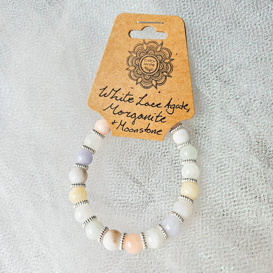 White Lace Agate, Morganite & Moonstone Crystal Bracelet