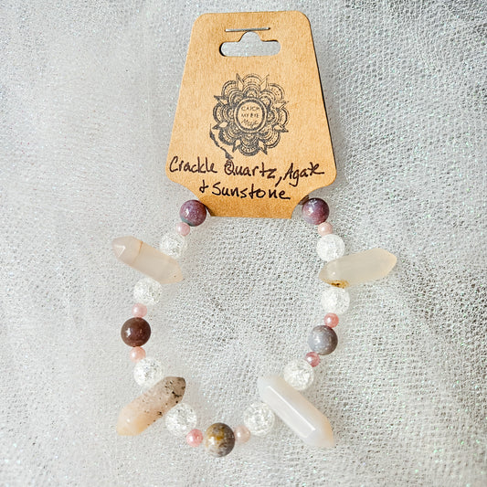 Crackle Quartz, Agate & Sunstone Crystal Bracelet