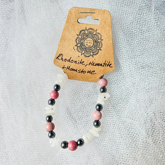 Rhodonite, Hematite & Moonstone Crystal Bracelet