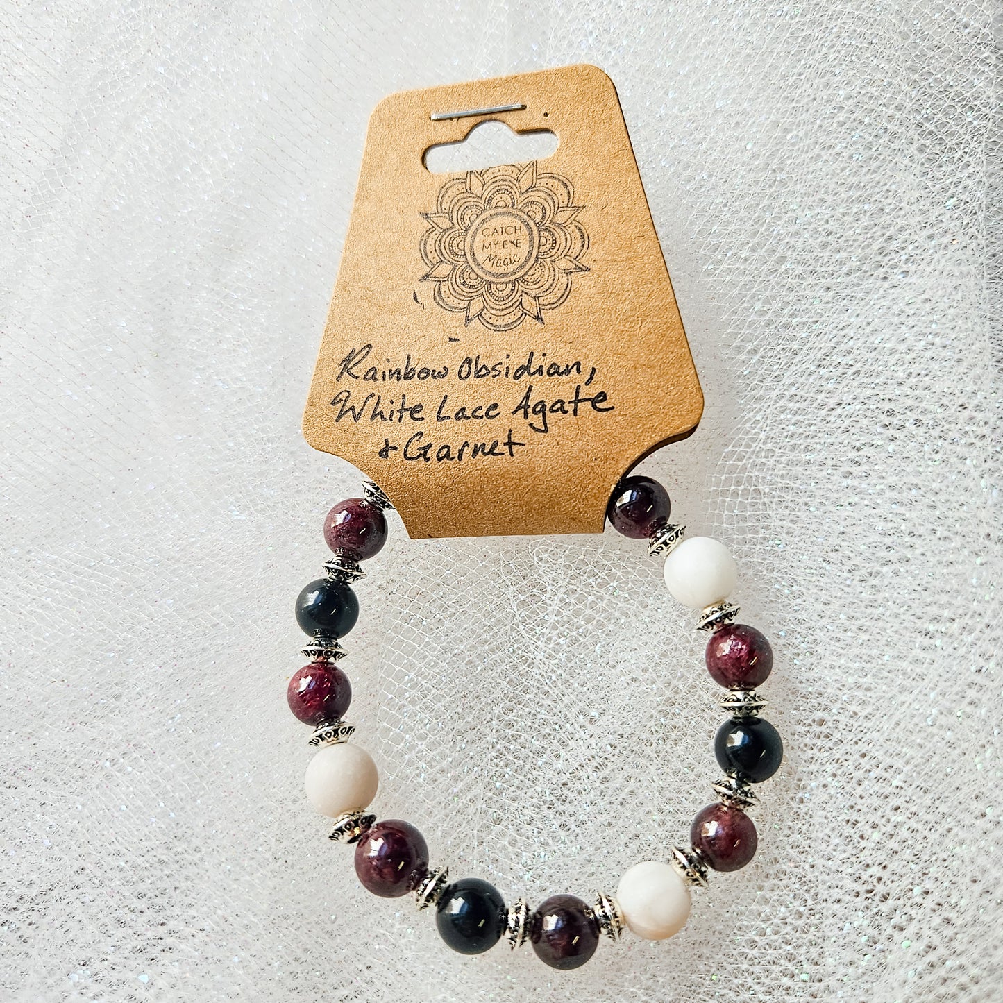 Rainbow Obsidian, White Lace Agate & Garnet Crystal Bracelet