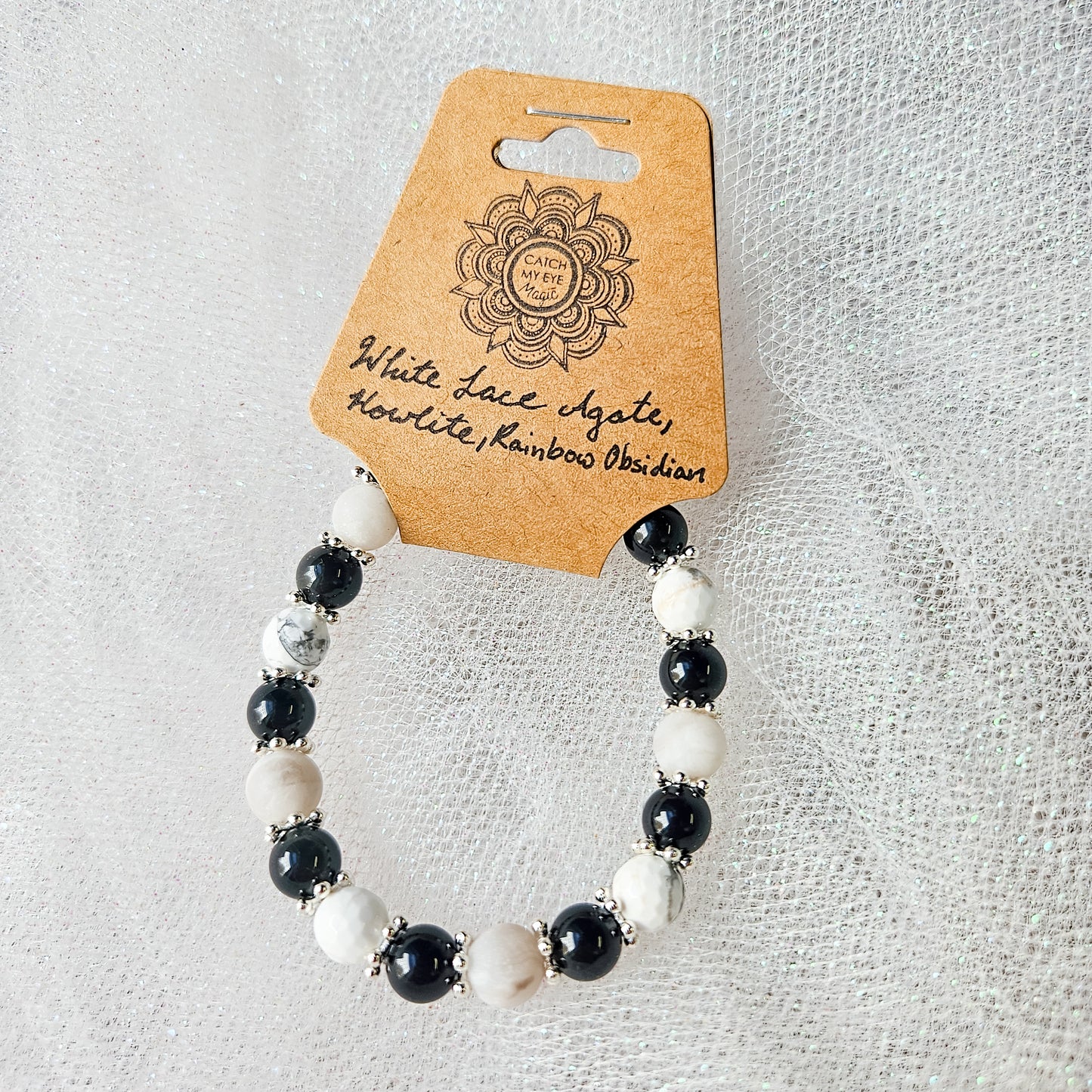 White Lace Agate, Howlite & Rainbow Obsidian Crystal Bracelet