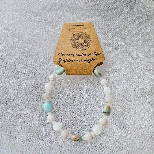 Moonstone, African Opal & White Lace Agate Crystal Bracelet