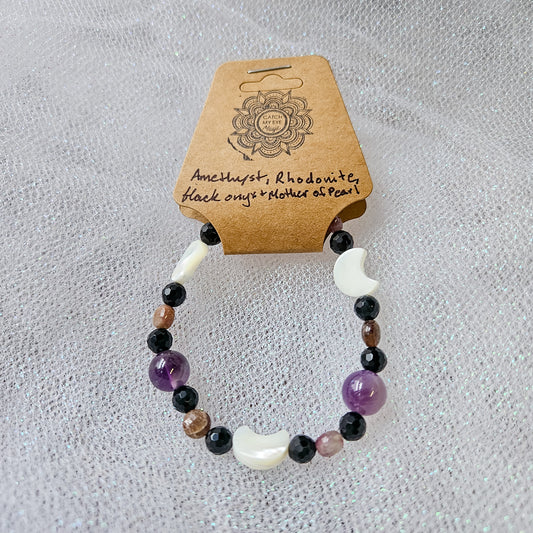 Amethyst, Rhodonite, Black Onyx & Mother of Pearl Crystal Bracelet