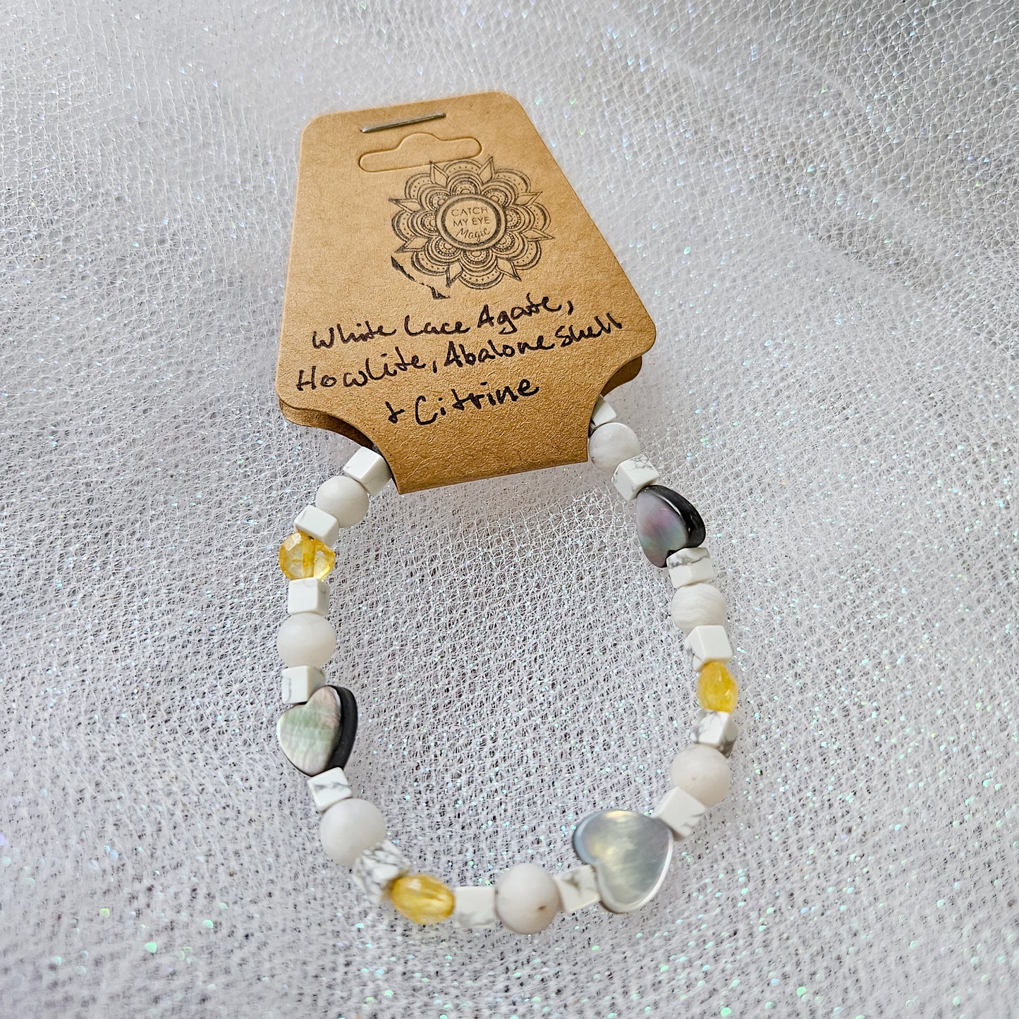 White Lace Agate, Howlite, Abalone Shell & Citrine Crystal Bracelet